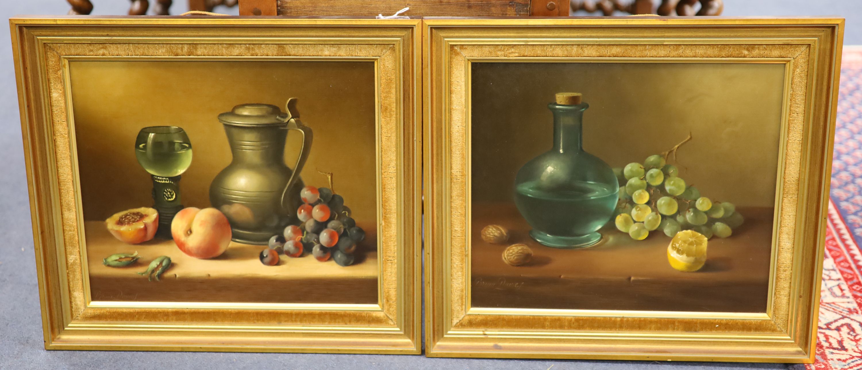 Brian Davies, pair of oils on canvas, Still lifes of fruit and flagons, signed, 30 x 35cm